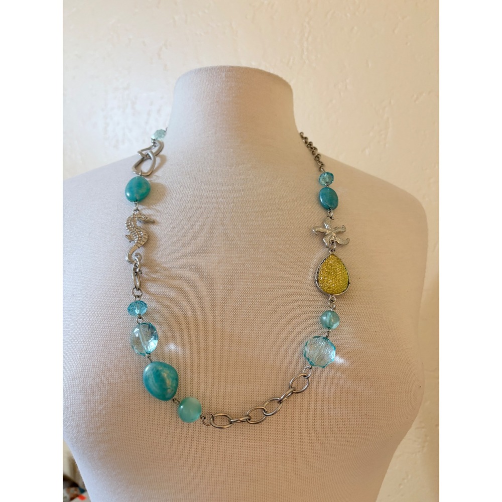 Silver Tone Nautical Seahorse Starfish Blue Stone Yellow Pave Statement Necklace